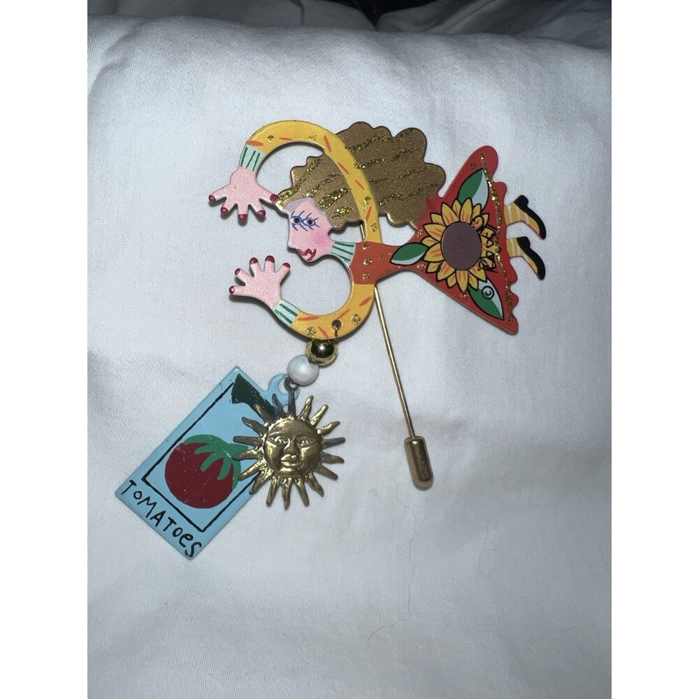Vintage Karen Rossi Gardener Fairy Metal Stick Brooch Pin Sunflower Tomato Sun